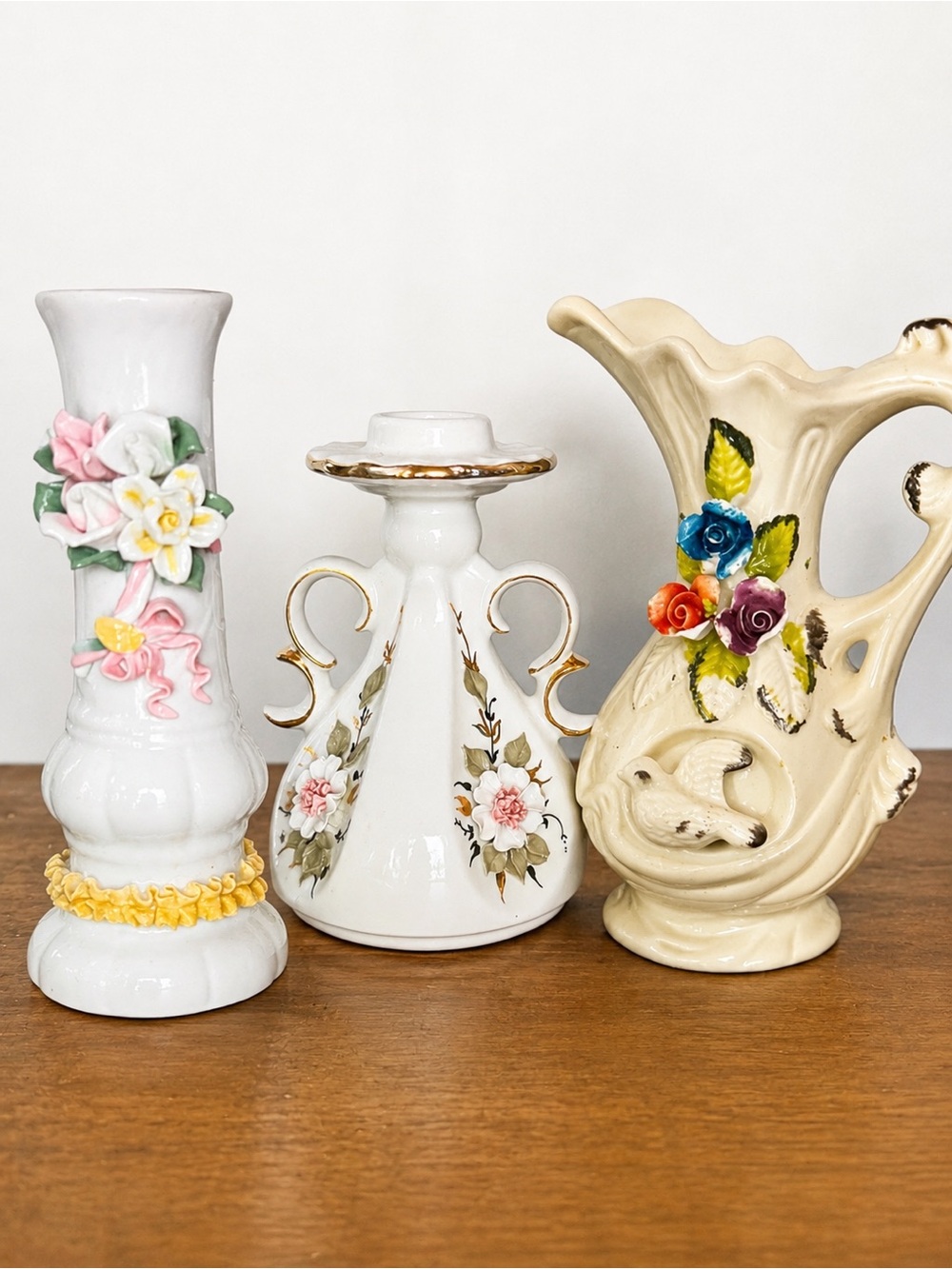 Vintage Ceramic Vase & Candle Holder Bundle | Floral Porcelain Decor Set of 3